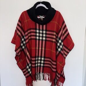 Multiples Women's Red Plaid Cowel-Neck Poncho Size 2X Rustic Cozy Preppy Classic